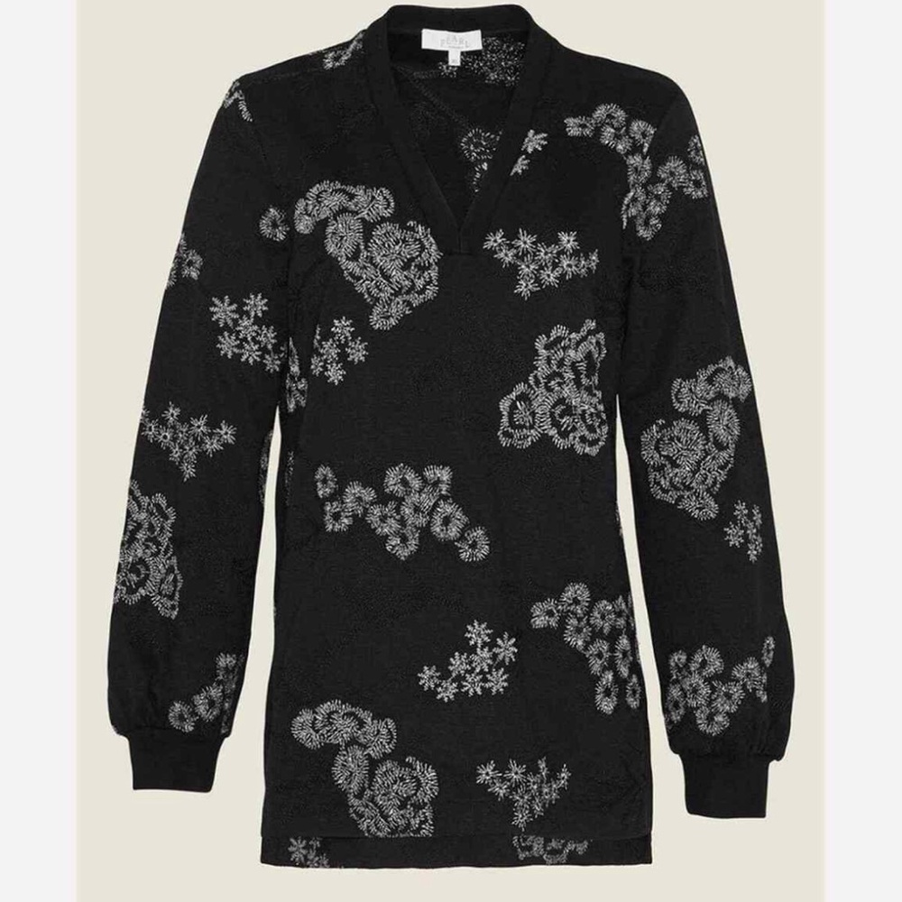 Pearl by Lela Rose Embroidered Jersey V-Neck Tunic Sweatshirt Black Women’s L - Picture 2 of 11